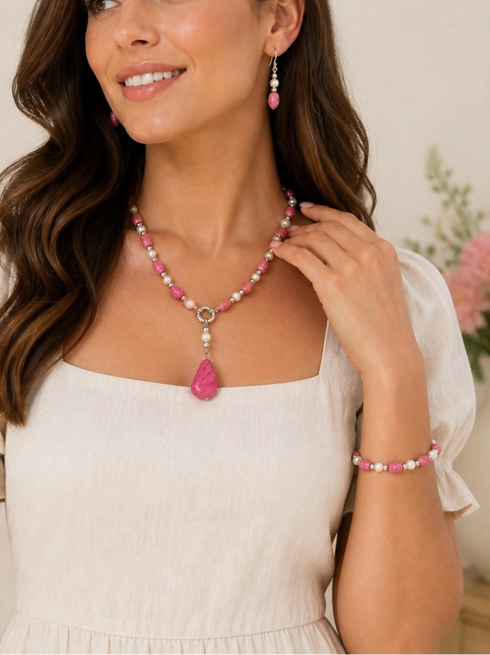 Pink Howlite & Freshwater Pearl Jewelry Set | Heart Charm | Perfect Gift